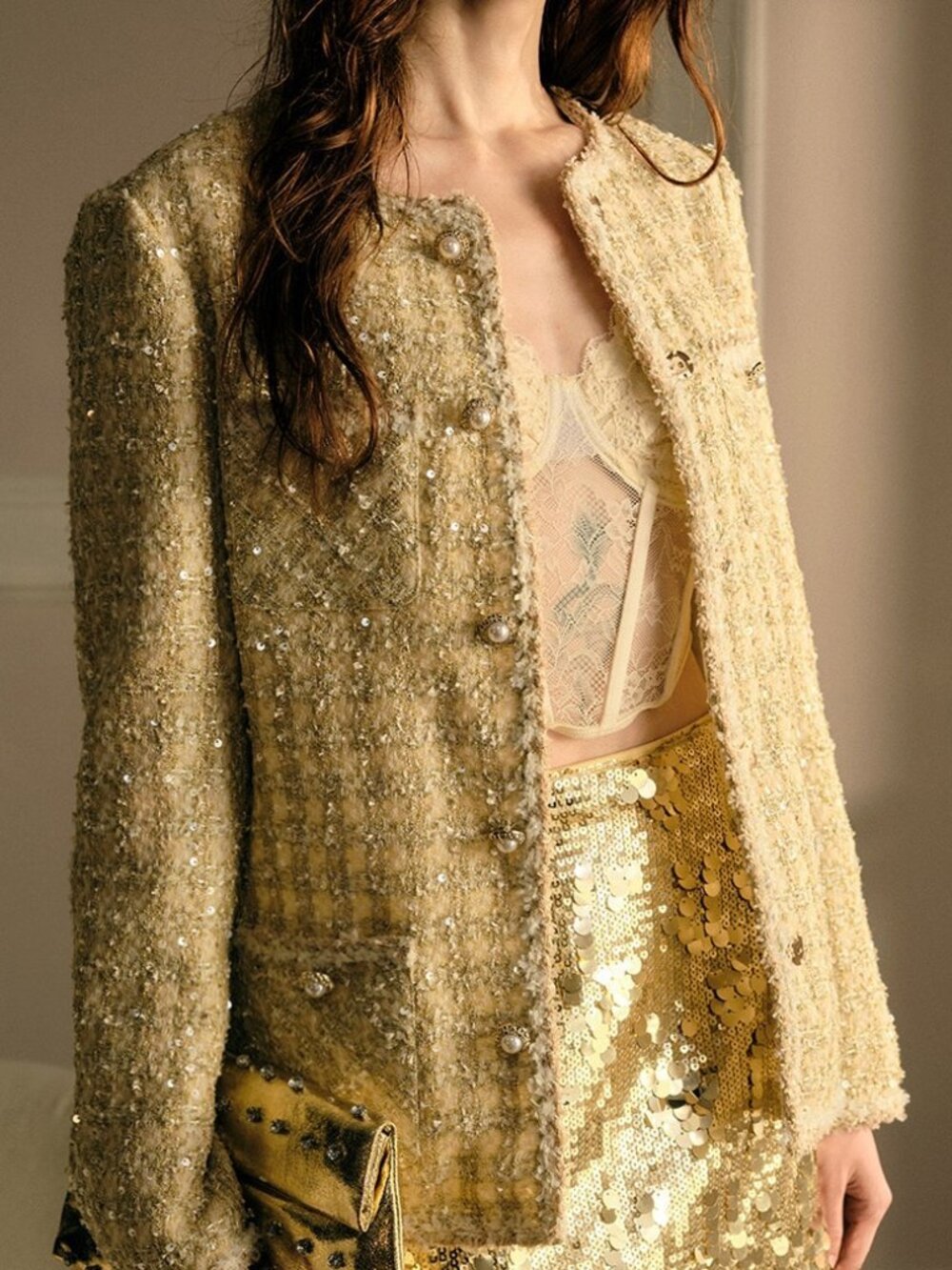 Light Yellow Elegant Women's Tweed Sequins Button Placket Blazer